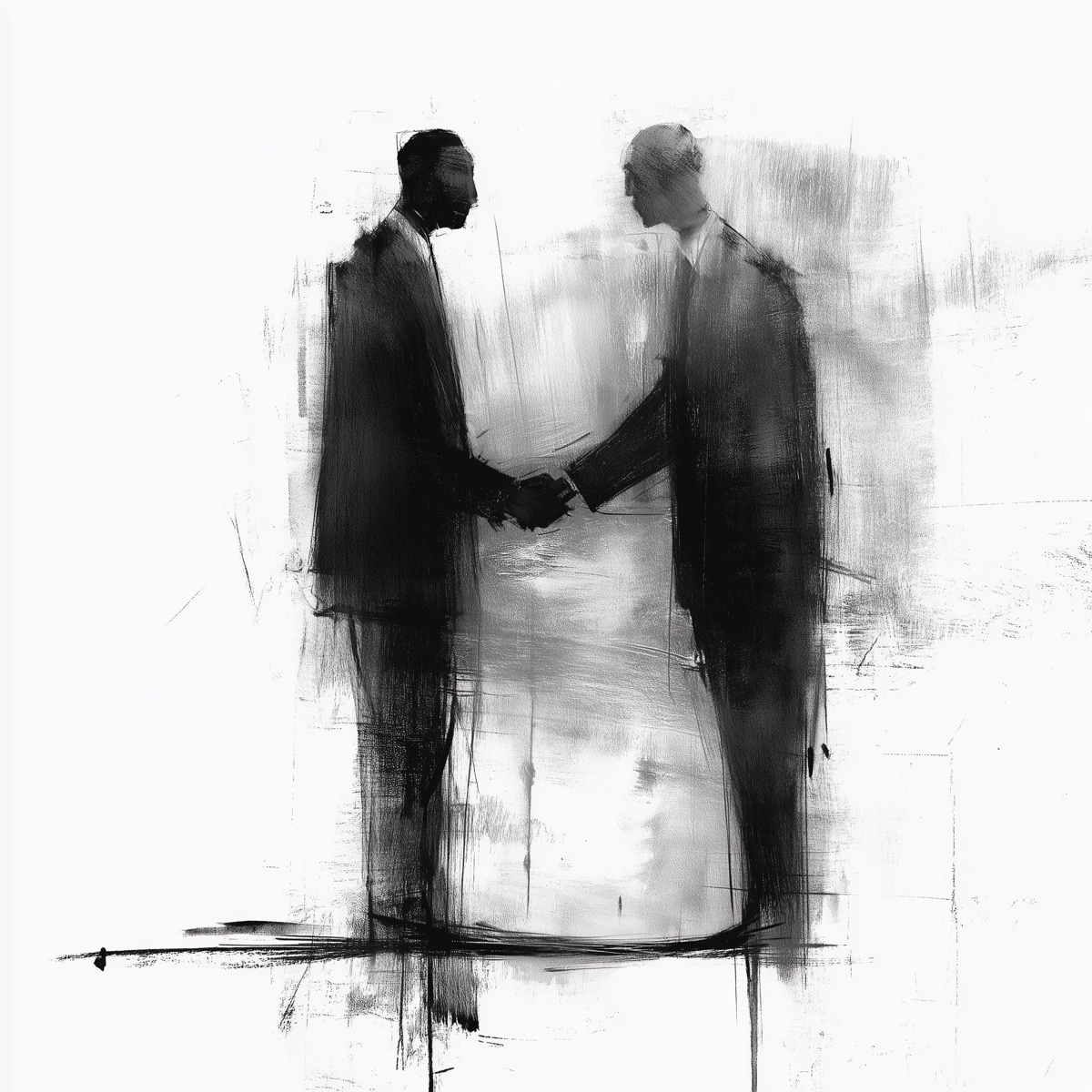 Two figures in dark suits shaking hands, rendered in loose black brushwork on white